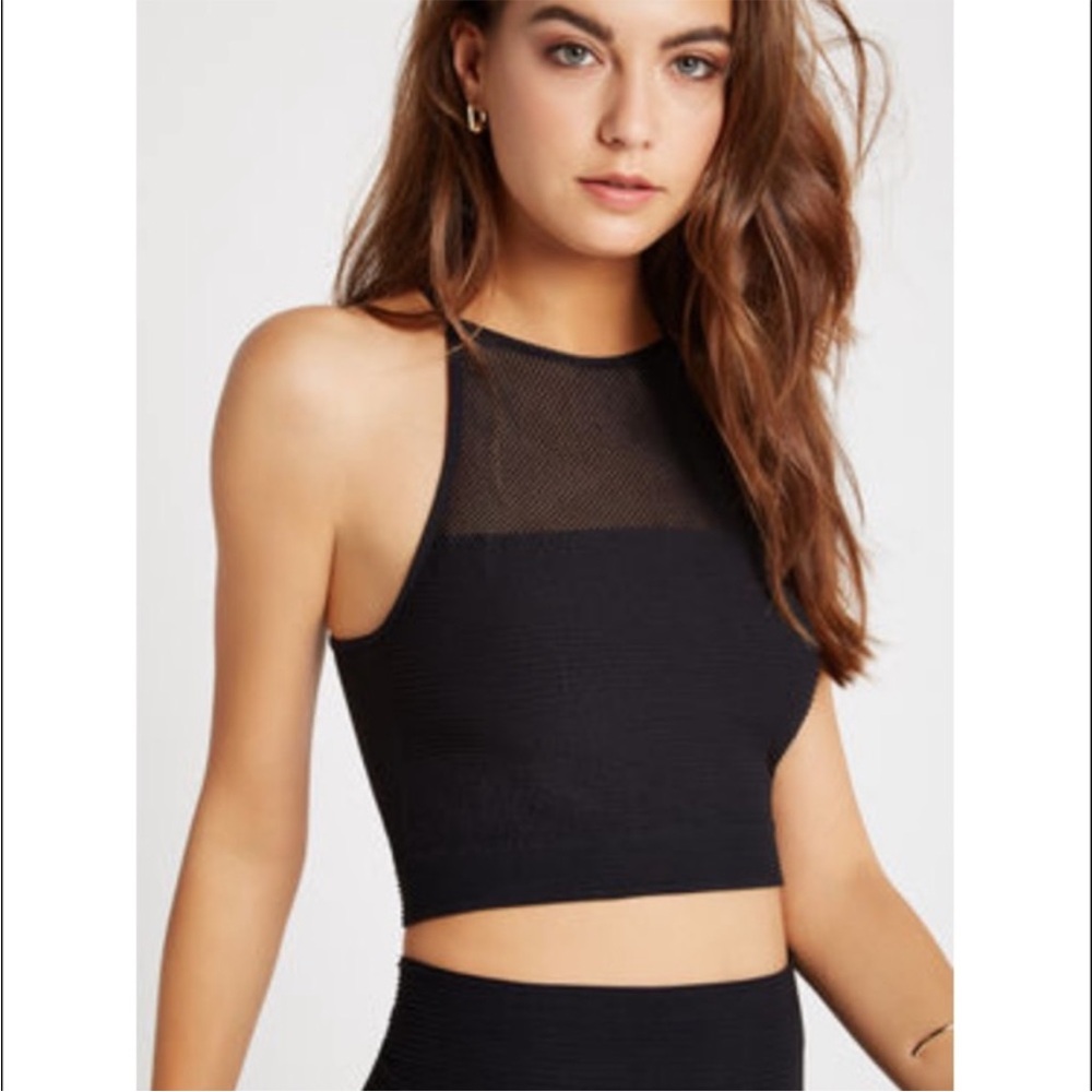 BCBGeneration Ribbed Mesh Cropped Halter Top Black XS/S Sheet Crop Racerback